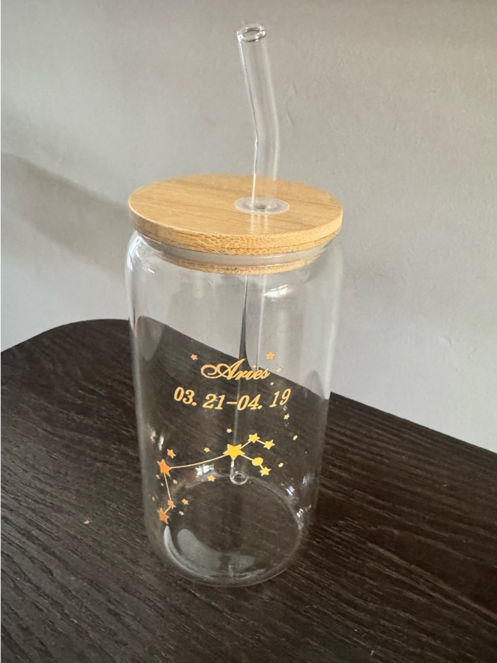 Aries Glass Tumbler with Bamboo Lid & Straw - Gold Print
